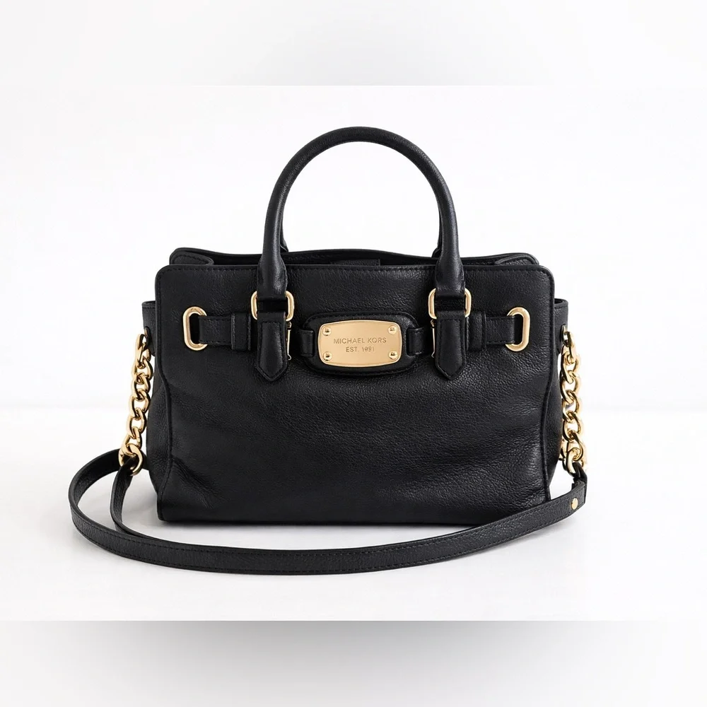 Michael Kors Hamilton East West Medium Black Pebbled Leather Bag, Gold Hardware